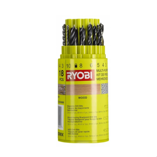 Зображення набору свердел Ryobi 5132004669в пластиковому кейсі зеленого кольору