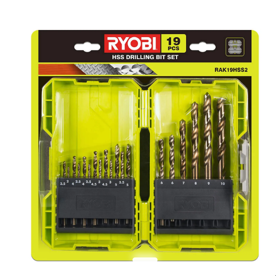 Фото набору свердел Ryobi 5132004390в пластиковому кейсі зеленого кольору