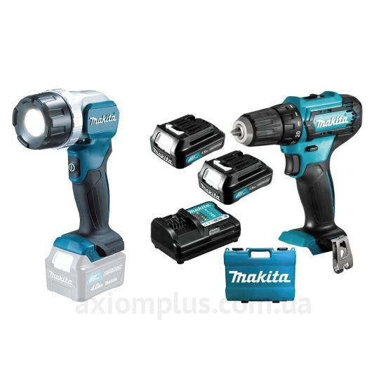 Фото набора электроинструментов Makita DF333DWYL1в пластиковом кейсе синего цвета