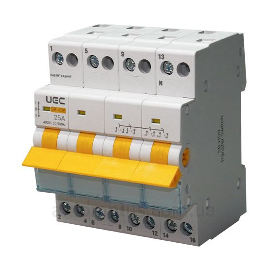 Модульный разрывной 4P переключатель нагрузки 1-0-2 на 25А UEC MTS-4-025