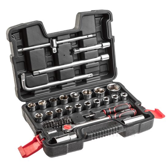 Фото набору торцевих головок Top Tools 38D550в пластиковому кейсі чорного кольору