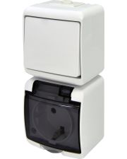 Вертикальний блок вимикач+розетка Eti Hermetics VRHP-1sd із з/к біла/прозора кришка (4668026)