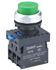 Кнопка Chint NP8-11GND/3 1NO+1NC AC 110В-220В (пружинный возврат) зеленая IP65 (667312)