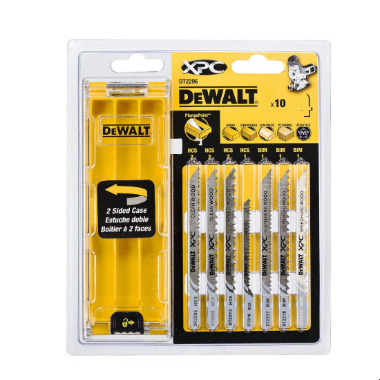 Изображение набора пильных полотен DeWALT DT2296в пластиковом кейсе желтого цвета