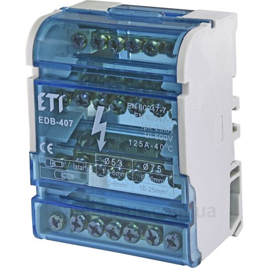 EDB-407 ETI синього кольору (на 7 контактів) (S <sub>кабелю</sub> до 16мм²) , I<sub>n</sub>=125А